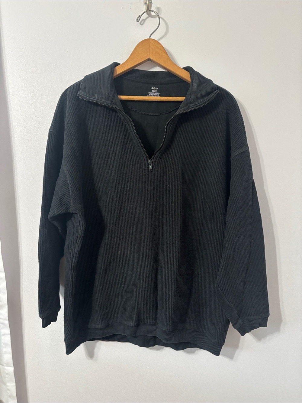 aerie Black Ribbed Quarter-Zip Pullover Sweatshirt - Oversized Fit